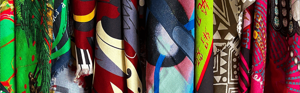 Tembo NYC vibrant scarf collection featuring bold, colorful designs by female artists. Sustainable fashion accessories.