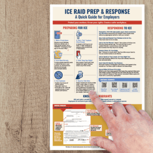 Hand pointing to ICE Raid Prep & Response flyer on wall, a clear one-page guide for small business owners and employees.