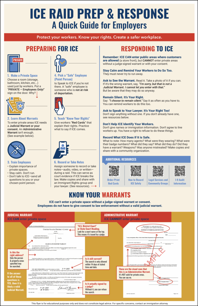 ICE Raid Prep & Response flyer with step-by-step guide and warrant examples for small business employers and workers.