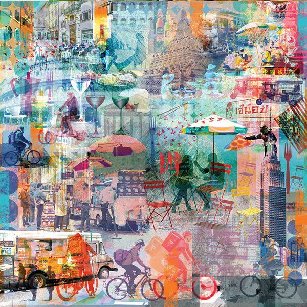 Eat. Crave. Love. print featuring vibrant urban scenes from New York, Bangkok, and Rome, celebrating food, culture, and the power of shared meals.