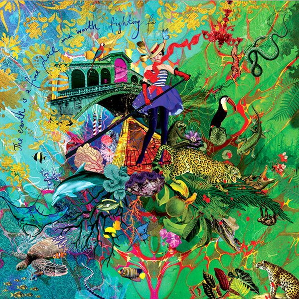 Earthly Treasures print featuring the Great Barrier Reef, the Amazon, and Venice, celebrating the world's most iconic natural and cultural landmarks.