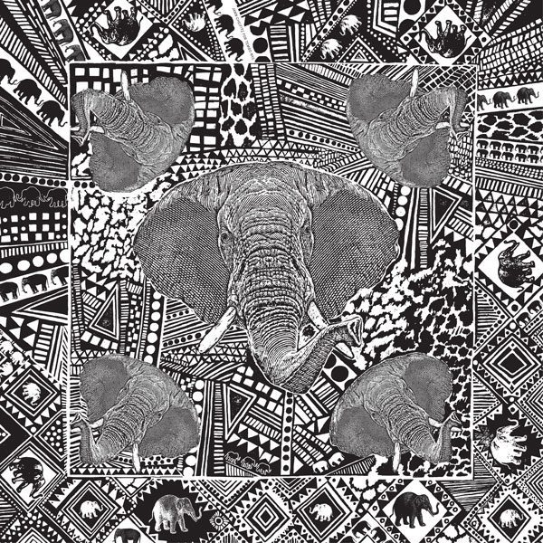 Black and white Elephant Family print featuring stylized elephants and African Mudcloth patterns, symbolizing strength, leadership, and unity.