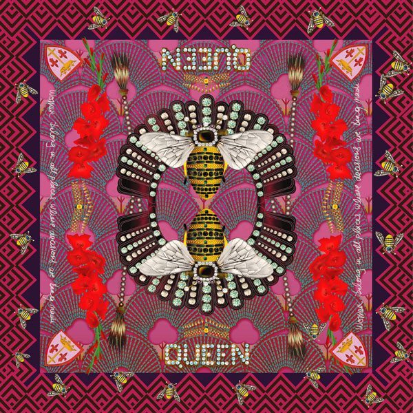 Vibrant illustration featuring a regal bee, floral accents, and the empowering words "Queen" and "Women belong in all places where decisions are being made," symbolizing women empowerment.