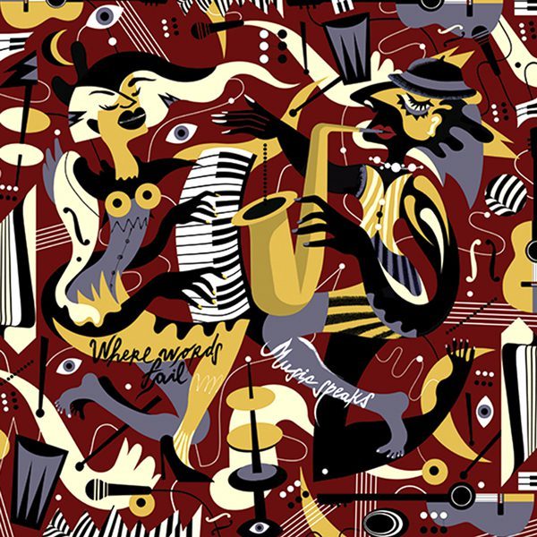Colorful abstract illustration featuring musicians playing instruments with the phrase "Where words fail, Music speaks." A dynamic expression of jazz and art.